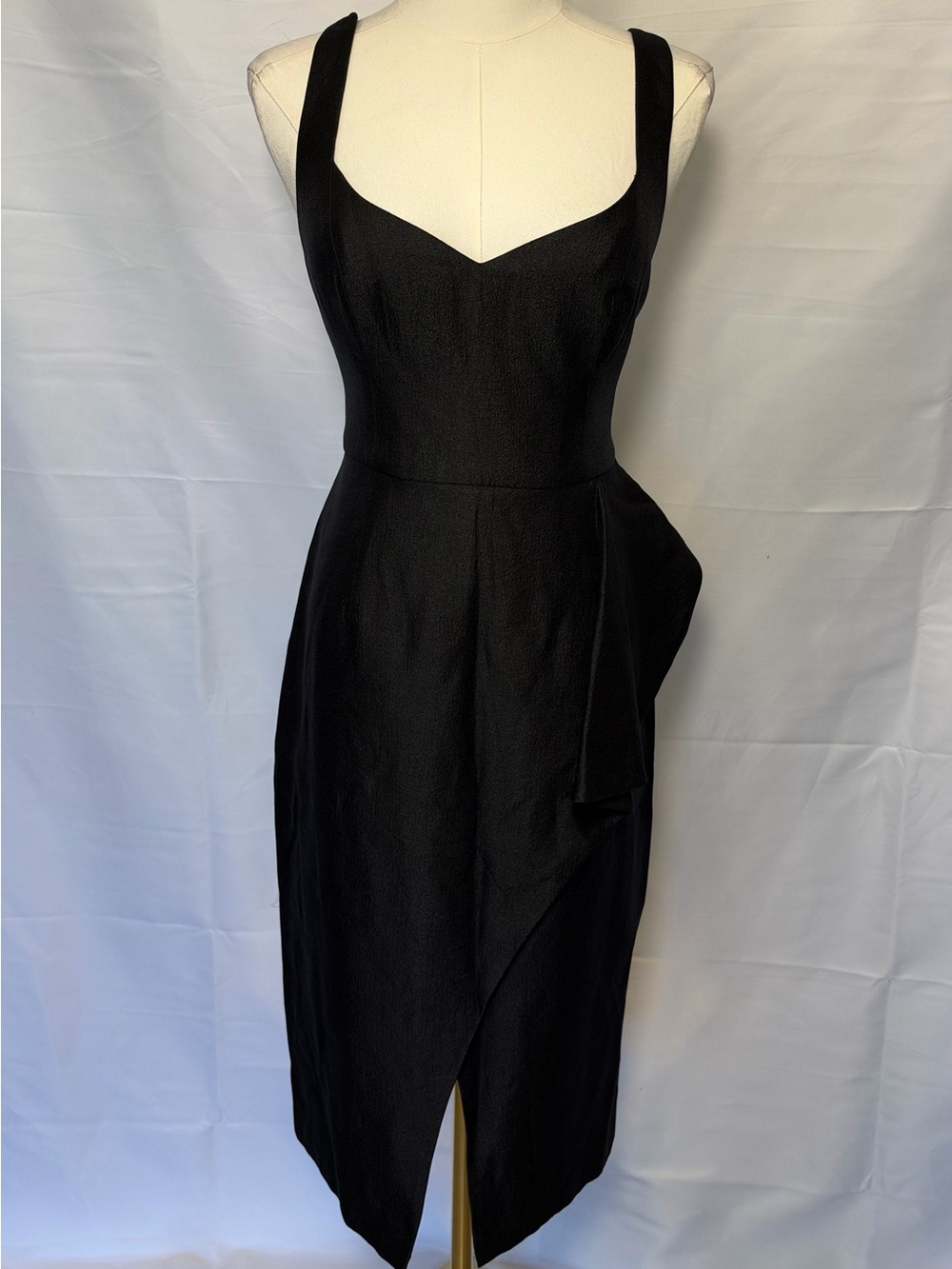 Black Halo Black Sweetheart Midi Dress with Draped Wrap Skirt